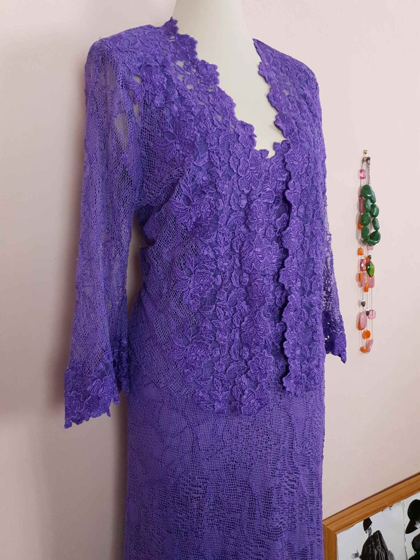 Vintage 1980s Purple Lace Dress Suit Jacket Lilac Cocktail Evening Maxi - Size 14 - 16