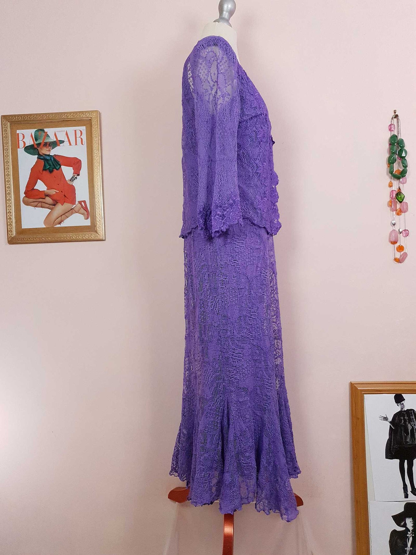 Vintage 1980s Purple Lace Dress Suit Jacket Lilac Cocktail Evening Maxi - Size 14 - 16