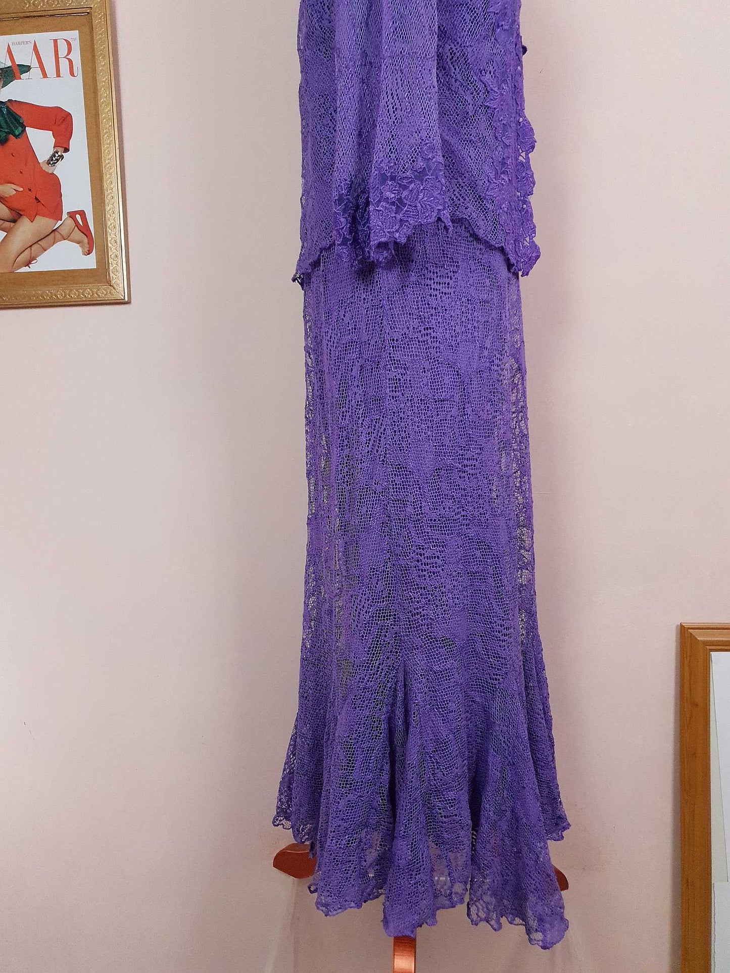 Vintage 1980s Purple Lace Dress Suit Jacket Lilac Cocktail Evening Maxi - Size 14 - 16