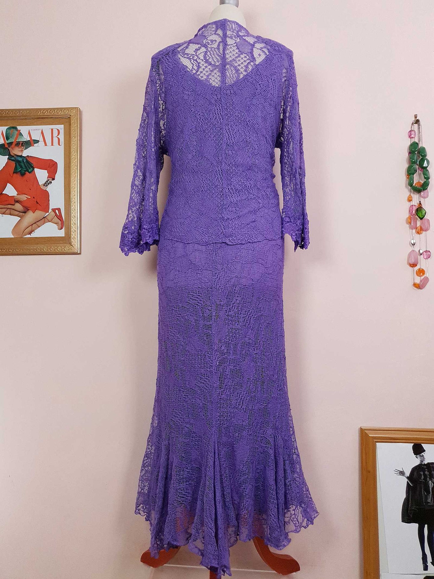 Vintage 1980s Purple Lace Dress Suit Jacket Lilac Cocktail Evening Maxi - Size 14 - 16
