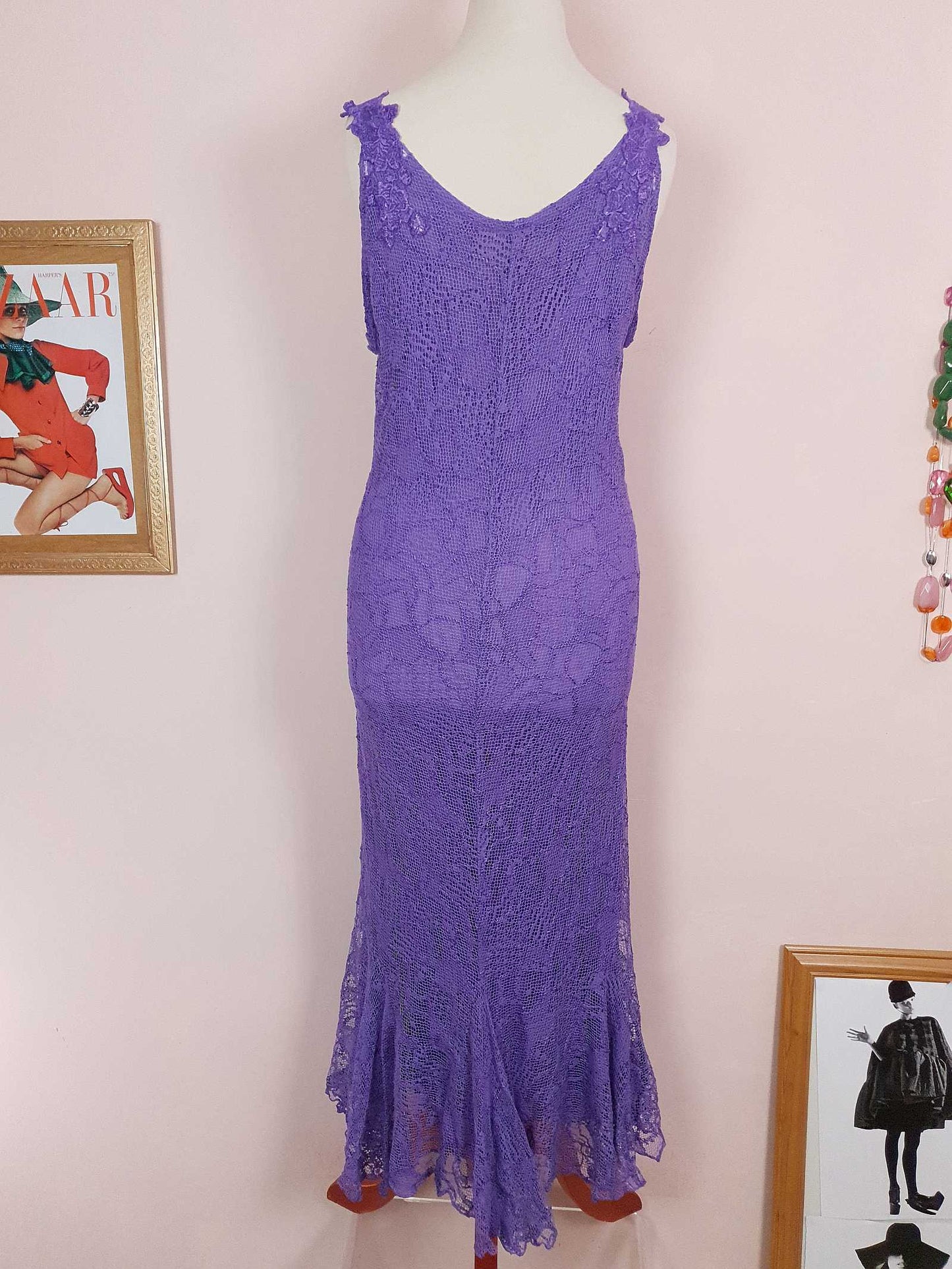 Vintage 1980s Purple Lace Dress Suit Jacket Lilac Cocktail Evening Maxi - Size 14 - 16