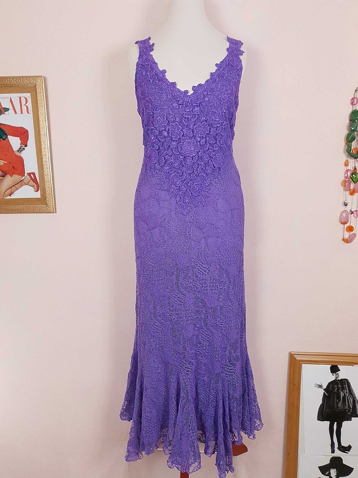 Vintage 1980s Purple Lace Dress Suit Jacket Lilac Cocktail Evening Maxi - Size 14 - 16