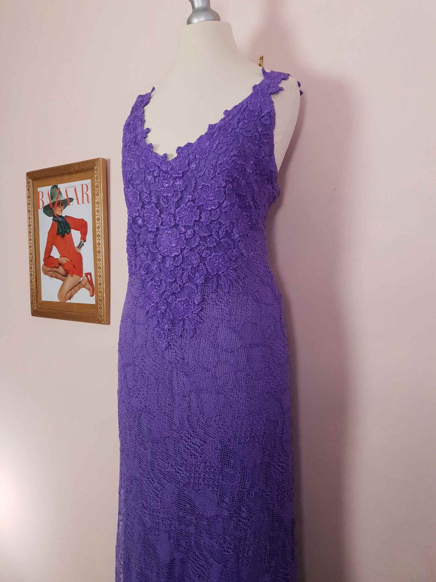 Vintage 1980s Purple Lace Dress Suit Jacket Lilac Cocktail Evening Maxi - Size 14 - 16