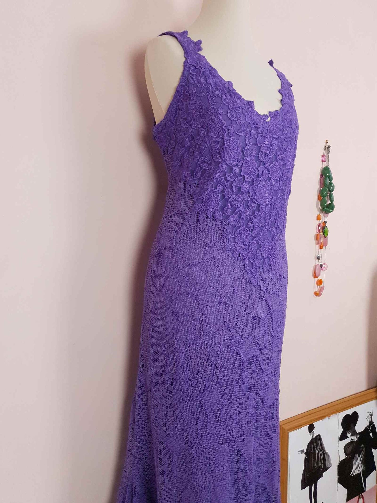 Vintage 1980s Purple Lace Dress Suit Jacket Lilac Cocktail Evening Maxi - Size 14 - 16