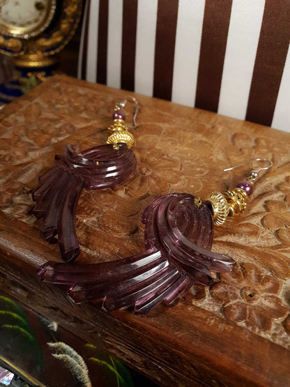 Vintage 1980s Dangle Lucite Earrings Art Deco Style Purple Faux Pearl
