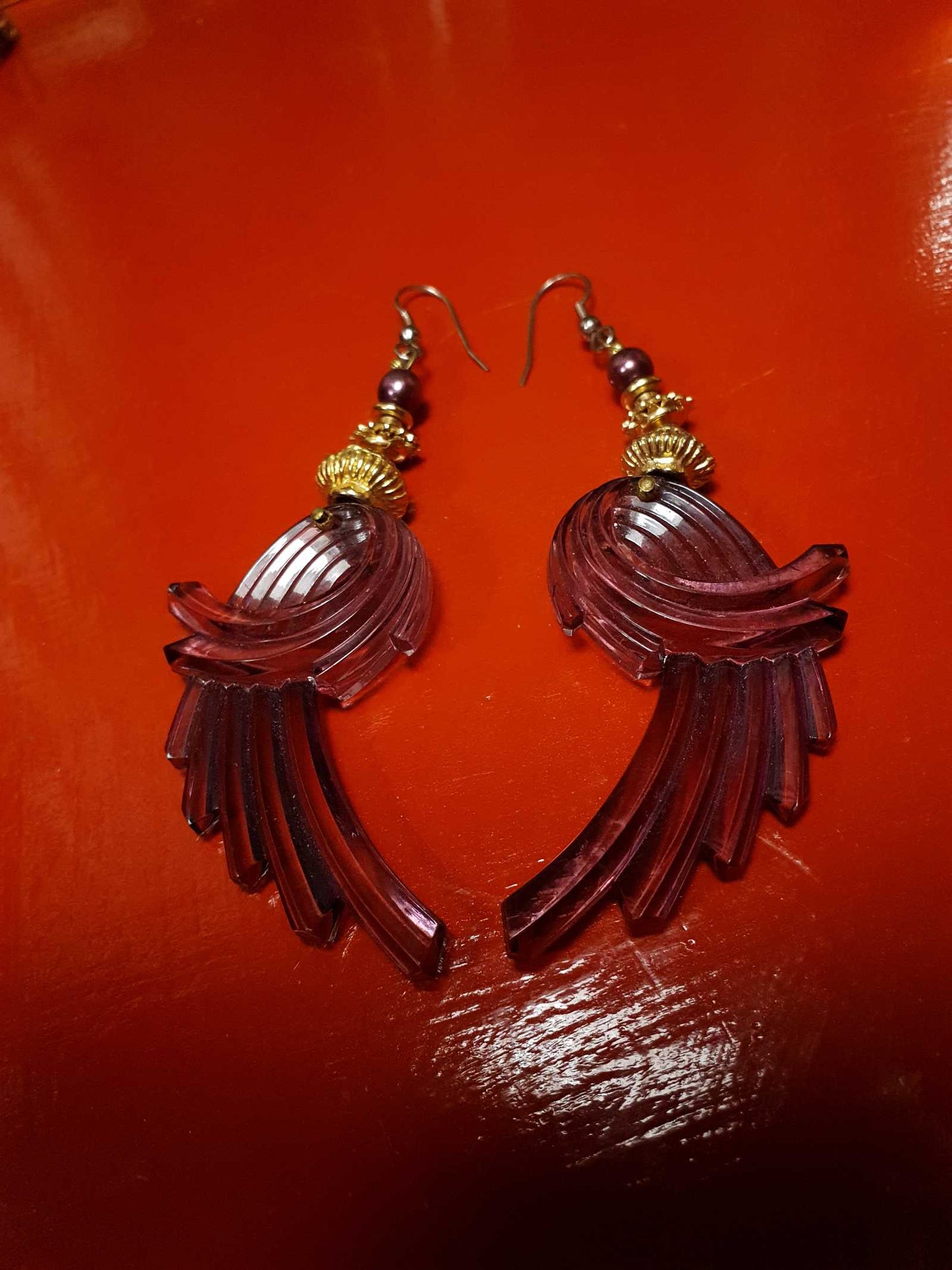 Vintage 1980s Dangle Lucite Earrings Art Deco Style Purple Faux Pearl