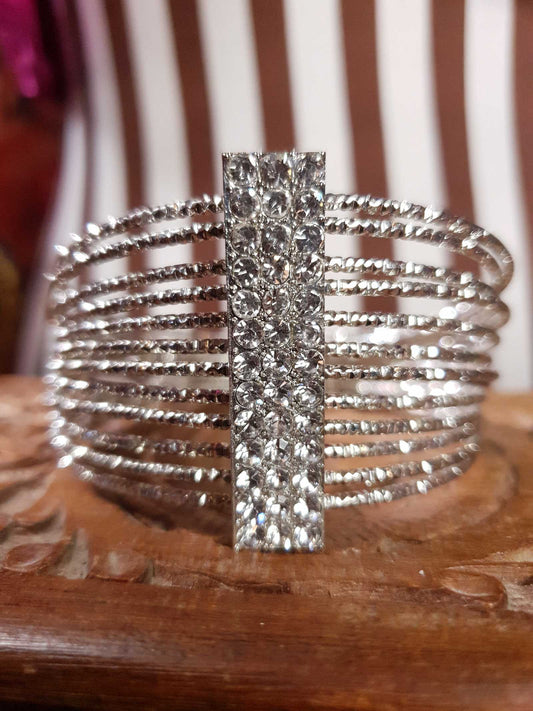 Vintage Rhinestone Cuff Bangle Bracelet Silver Tone Y2K
