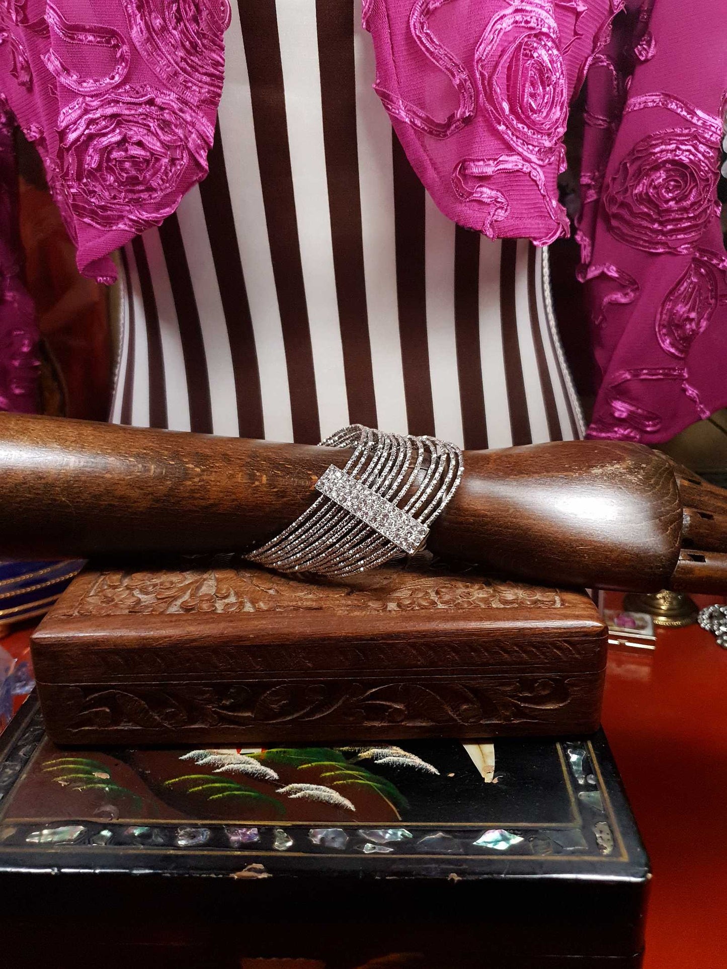 Vintage Rhinestone Cuff Bangle Bracelet Silver Tone Y2K