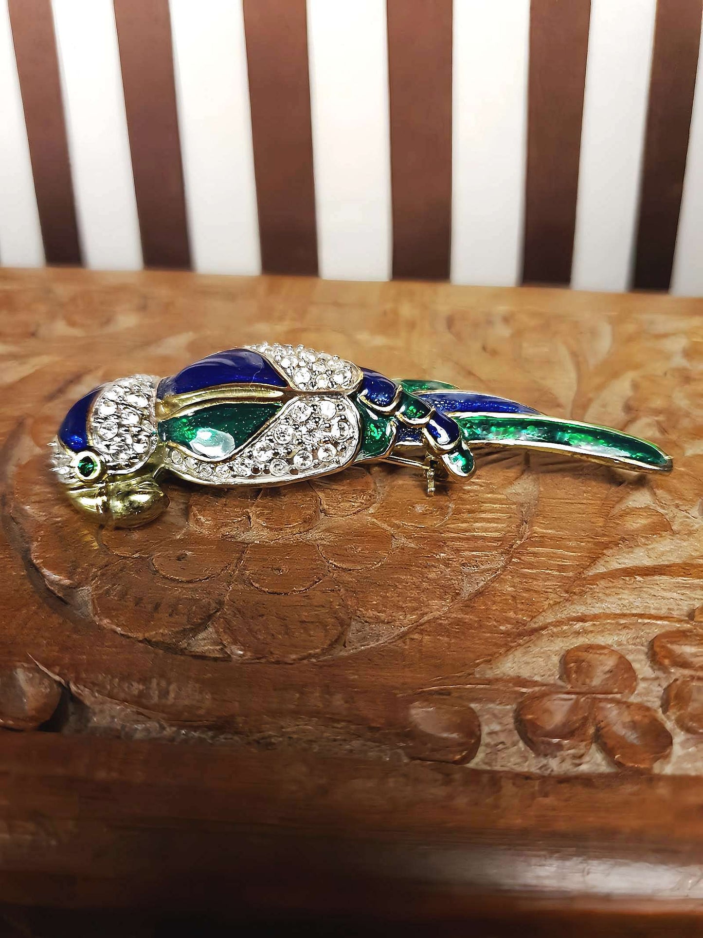 Vintage Parrot Brooch Bird Rhinestone Green Blue Enamel Brass 1980s Large