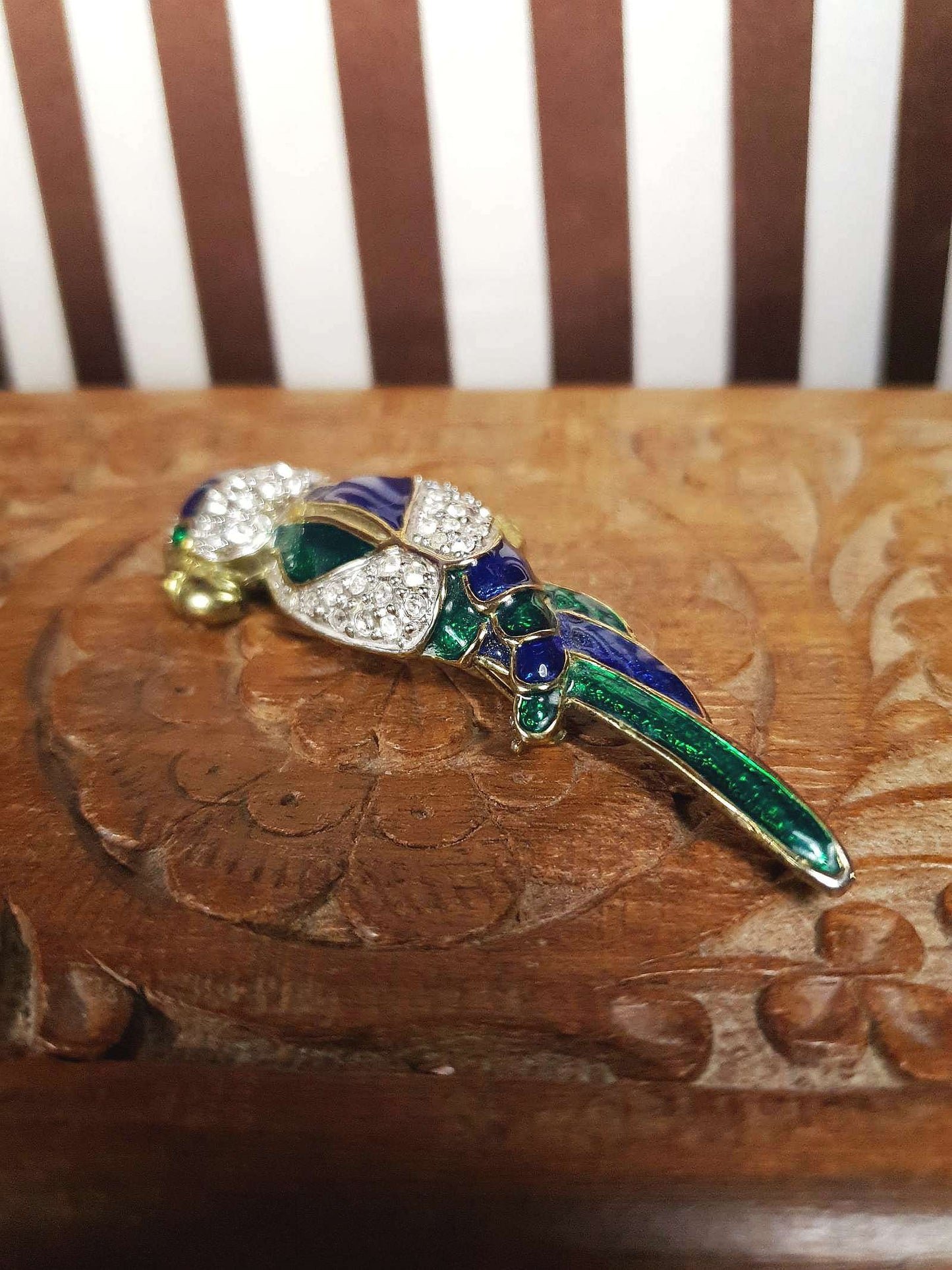 Vintage Parrot Brooch Bird Rhinestone Green Blue Enamel Brass 1980s Large