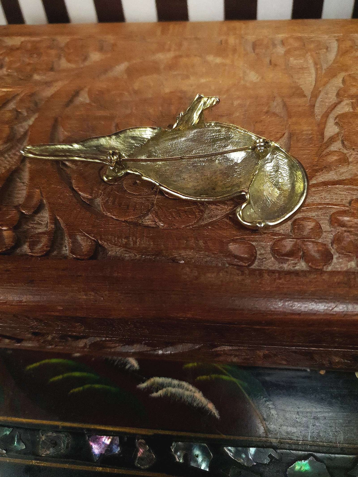 Vintage Parrot Brooch Bird Rhinestone Green Blue Enamel Brass 1980s Large