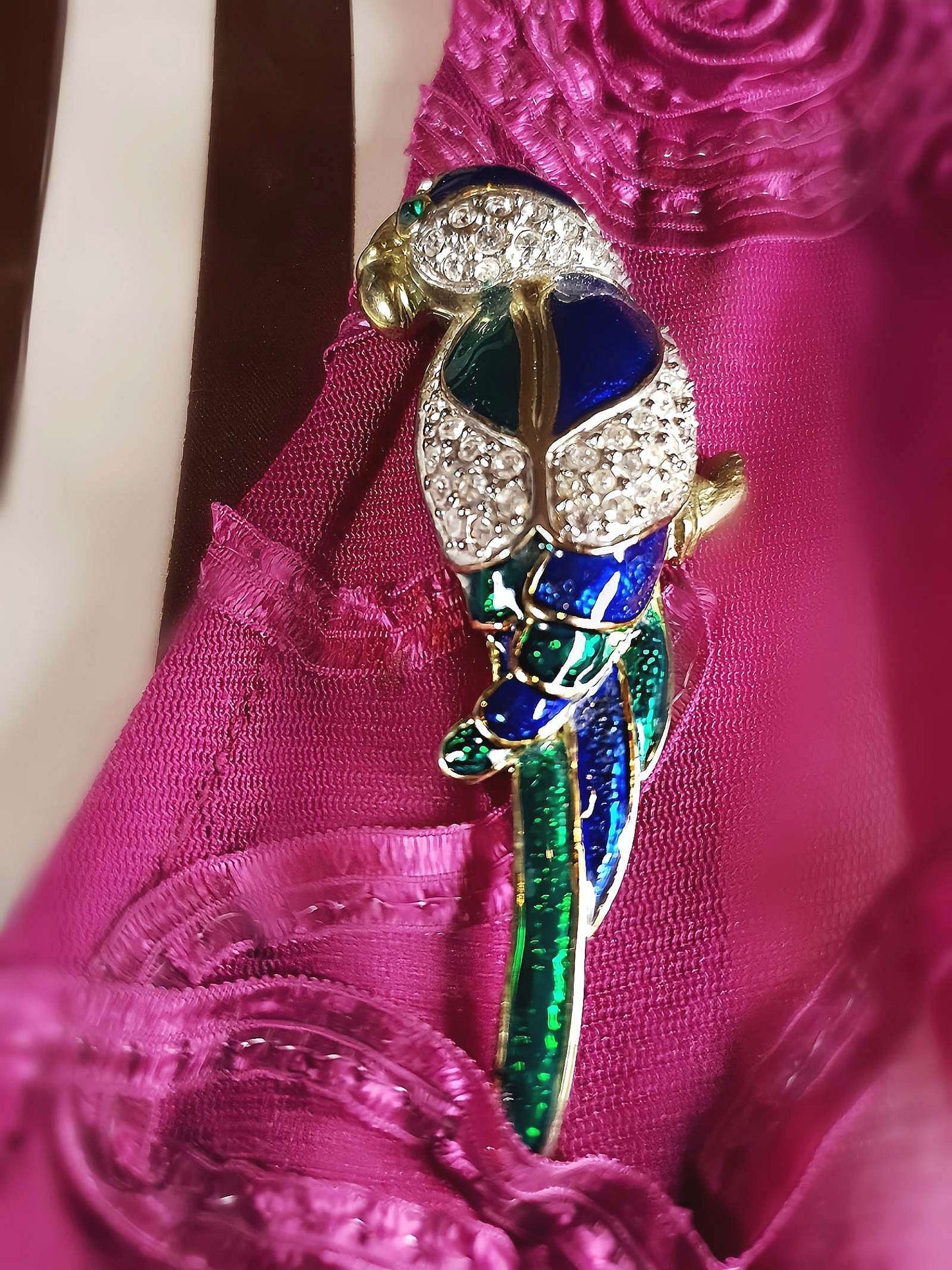 Vintage Parrot Brooch Bird Rhinestone Green Blue Enamel Brass 1980s Large