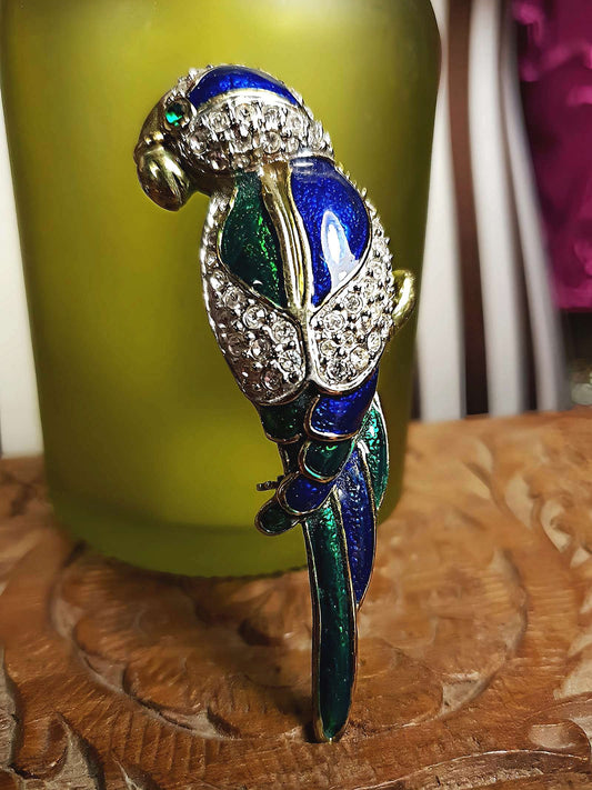 Vintage Parrot Brooch Bird Rhinestone Green Blue Enamel Brass 1980s Large