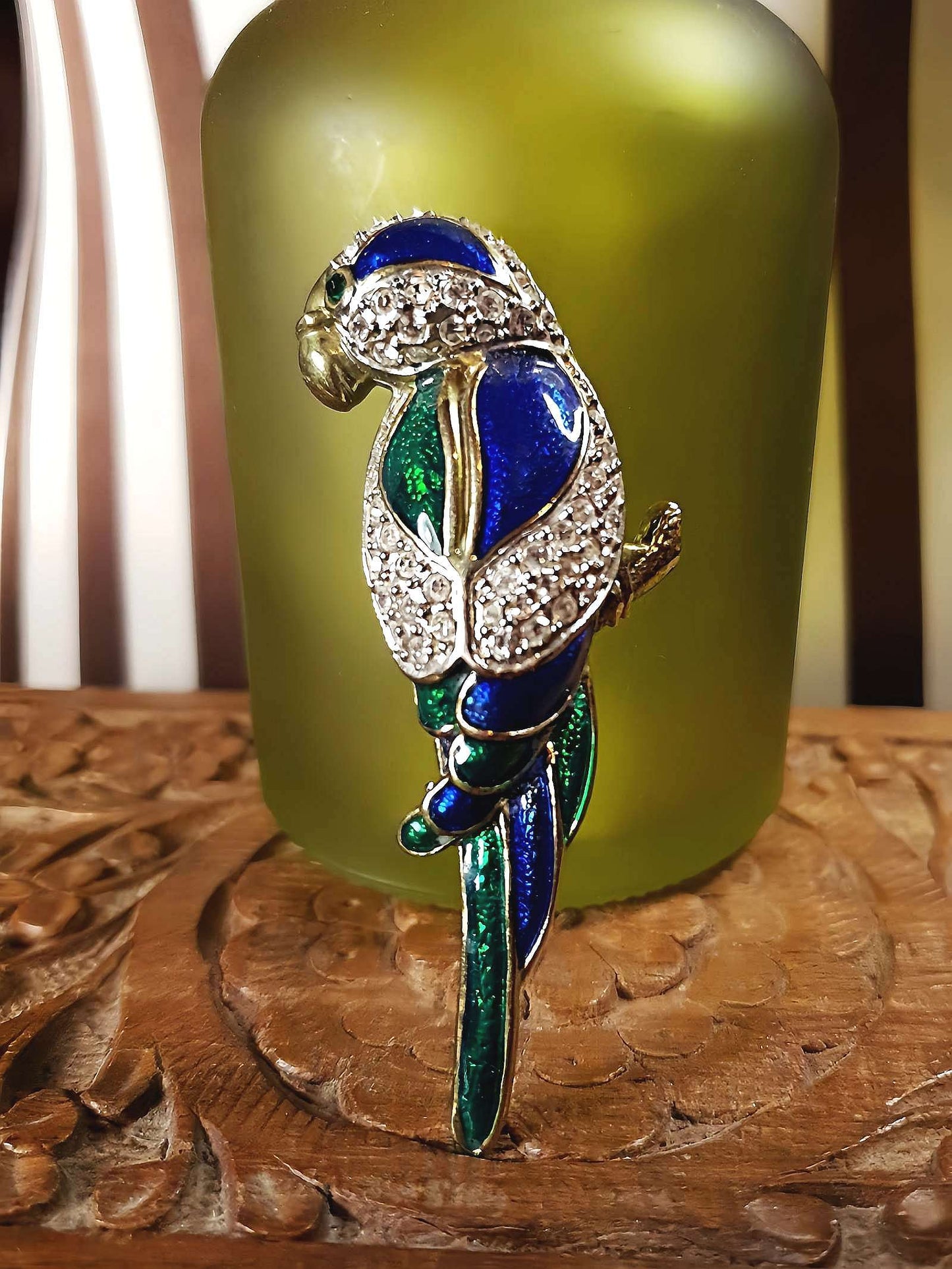 Vintage Parrot Brooch Bird Rhinestone Green Blue Enamel Brass 1980s Large