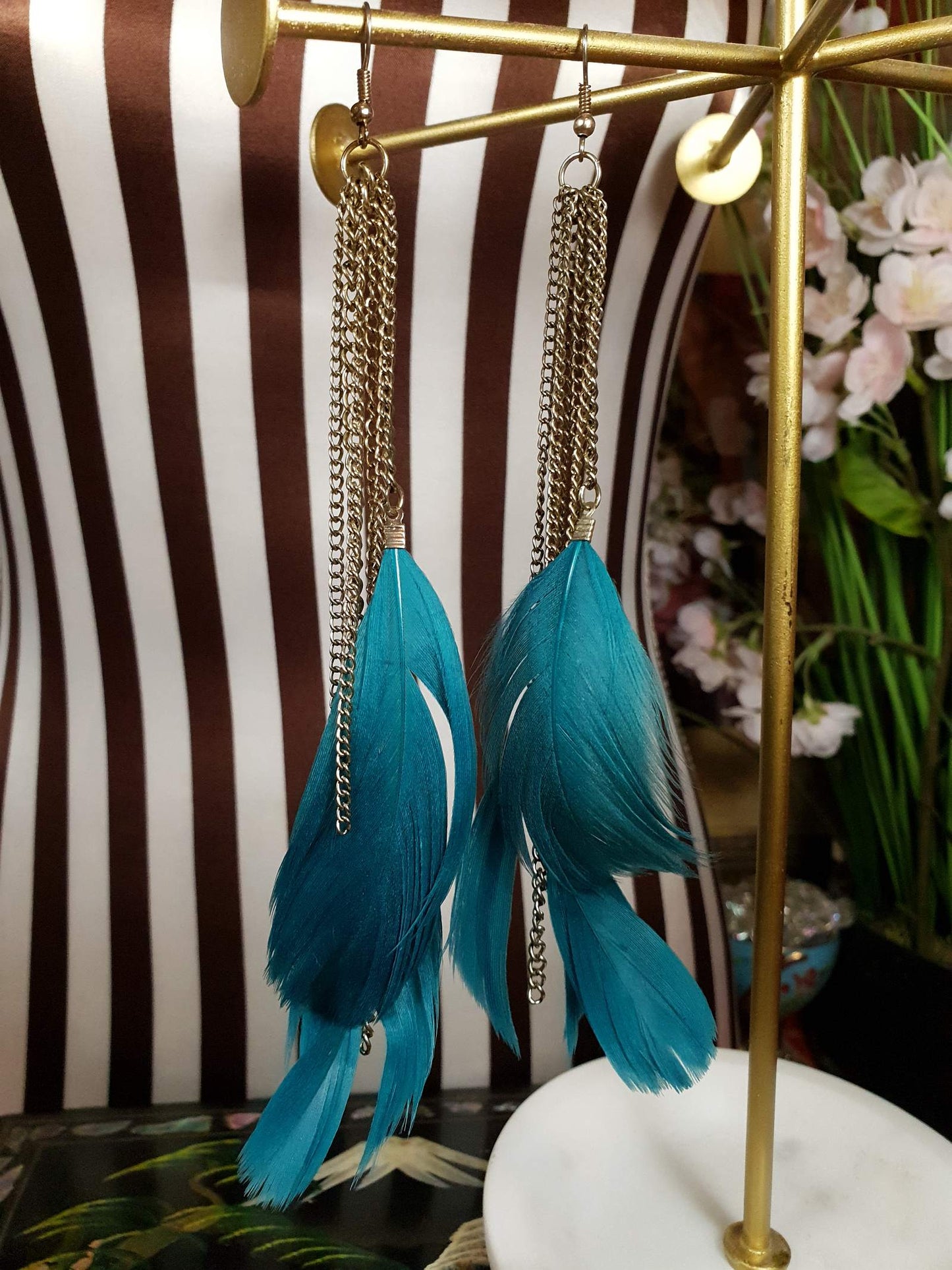 Vintage 1980s Turquoise Feather Earrings Statements Dangle Drop