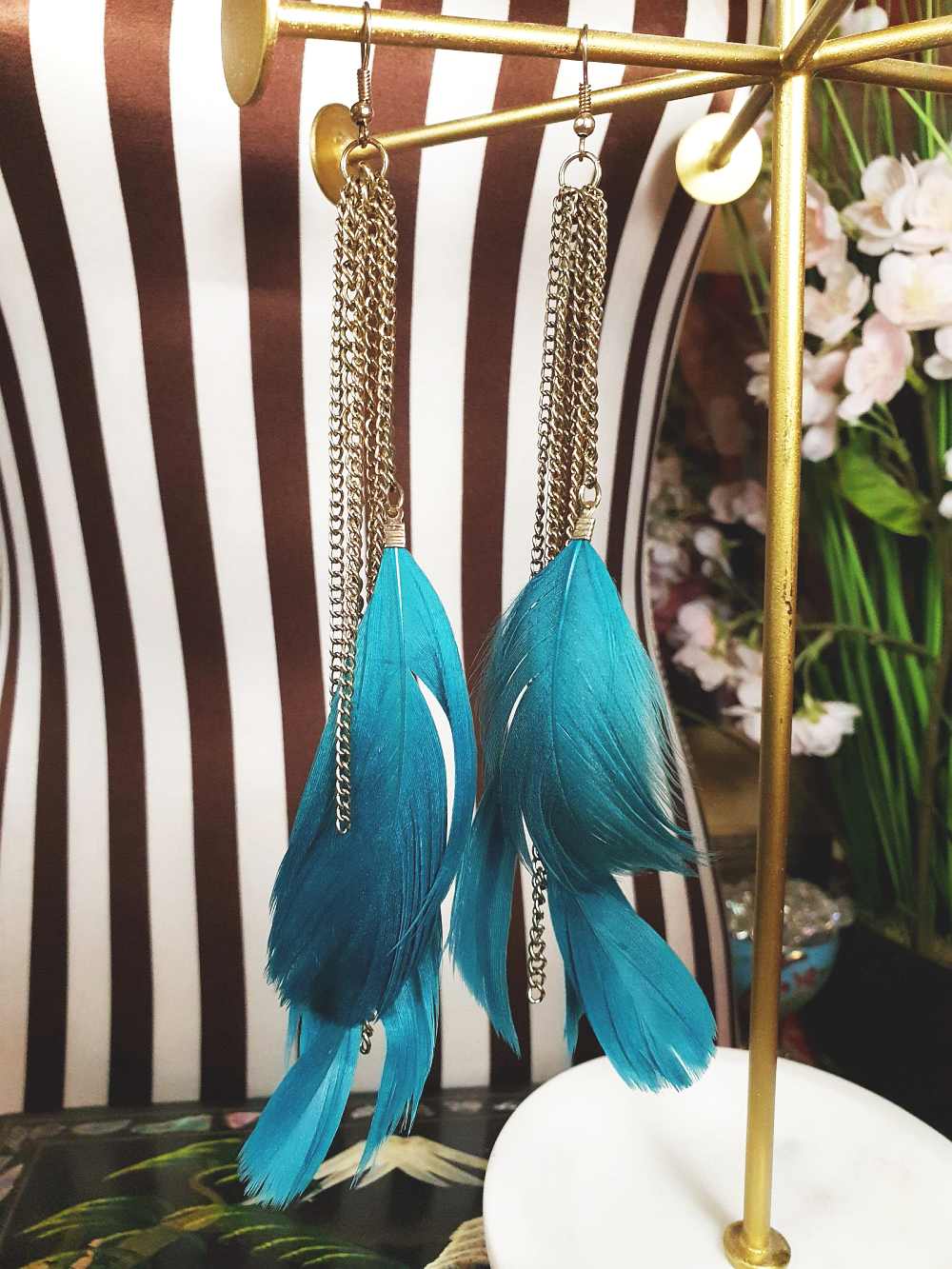 Vintage 1980s Turquoise Blue Feather Earrings Statement Dangle Drop