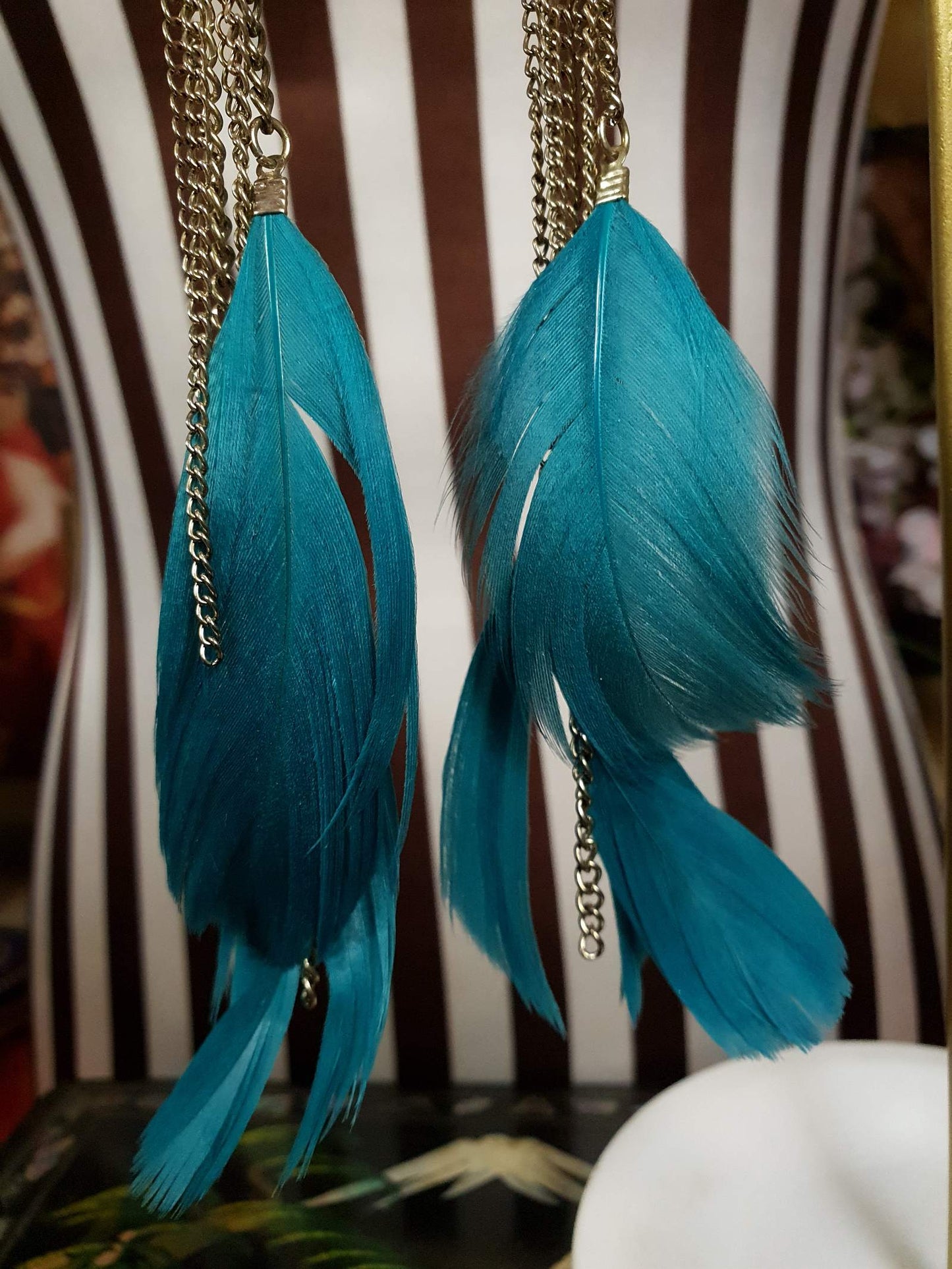 Vintage 1980s Turquoise Feather Earrings Statements Dangle Drop