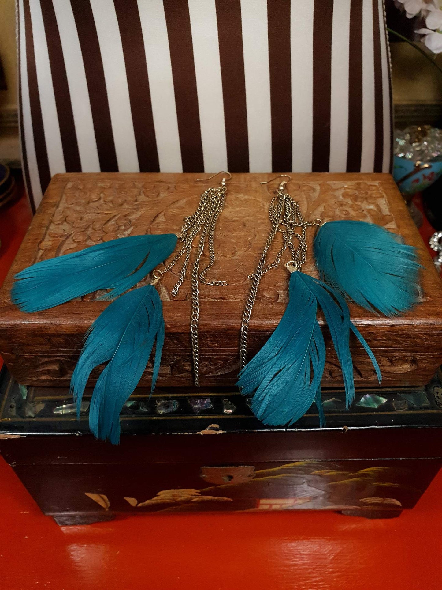Vintage 1980s Turquoise Feather Earrings Statements Dangle Drop