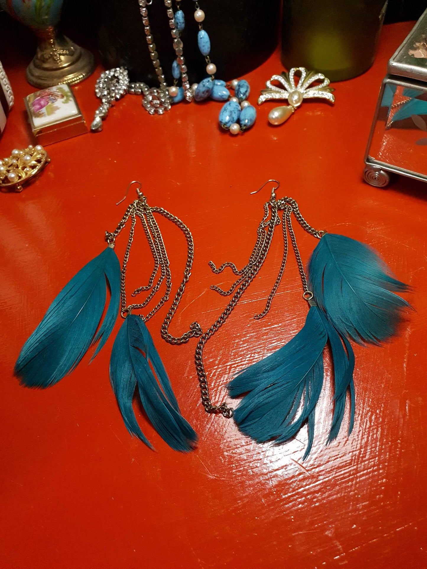 Vintage 1980s Turquoise Feather Earrings Statements Dangle Drop