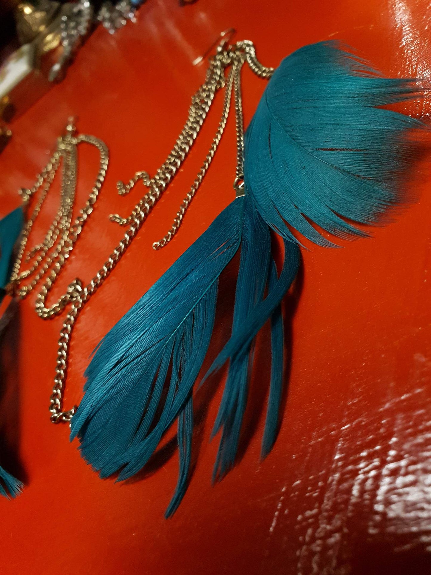 Vintage 1980s Turquoise Feather Earrings Statements Dangle Drop
