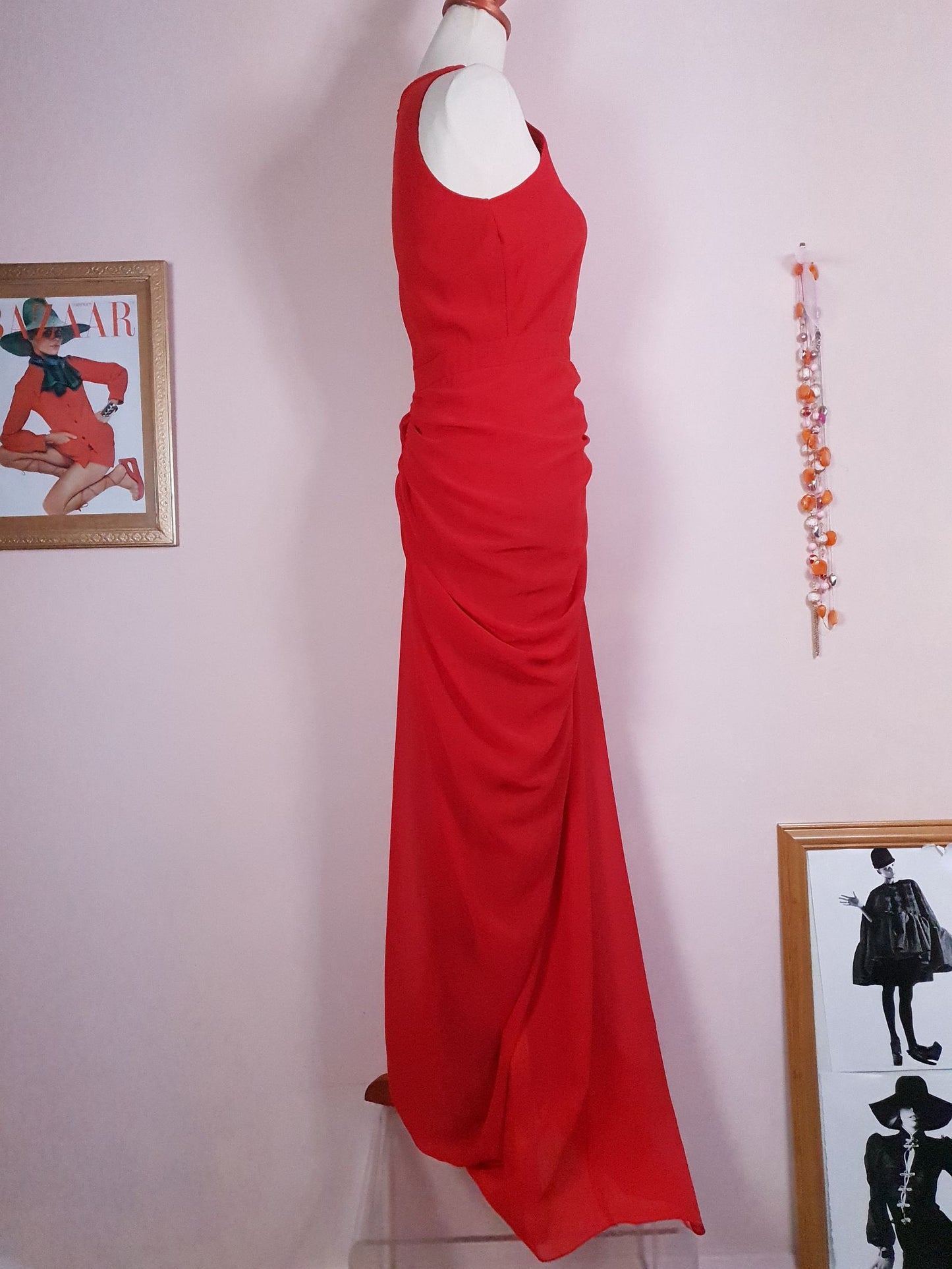 Glamorous 1990s Red Chiffon Evening Gown Dress - Size 8/10