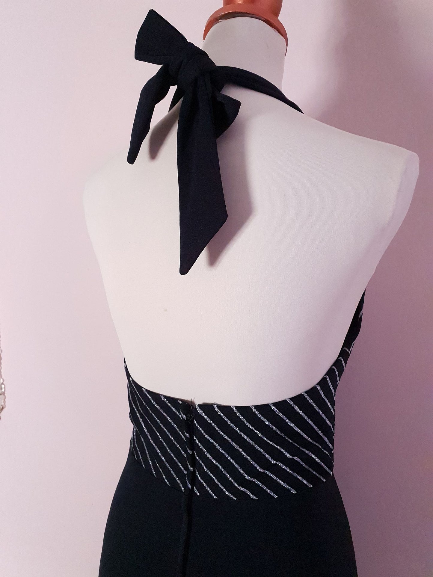 Vintage Black Striped Maxi Dress 1970s - Size 8/10 Halter Neck Silver Stripes Evening Gown