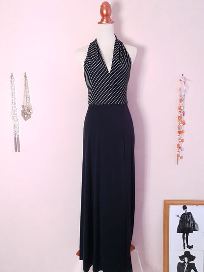 Vintage Black Striped Maxi Dress 1970s - Size 8/10  Halter Neck Silver Stripes Evening Gown