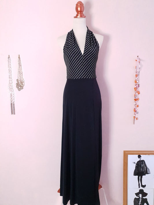Vintage Black Striped Maxi Dress 1970s - Size 8/10 Halter Neck Silver Stripes Evening Gown