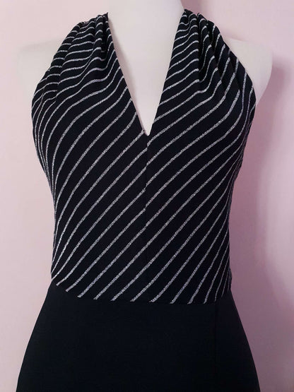 Vintage Black Striped Maxi Dress 1970s - Size 8/10  Halter Neck Silver Stripes Evening Gown