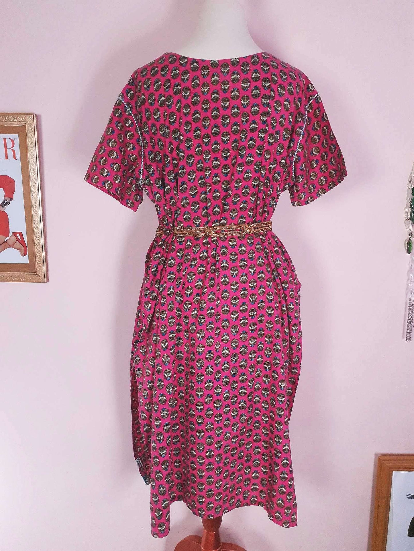 Vintage 1970s Pink Cotton Boho Kaftan Bohemian Caftan Retro Ladies