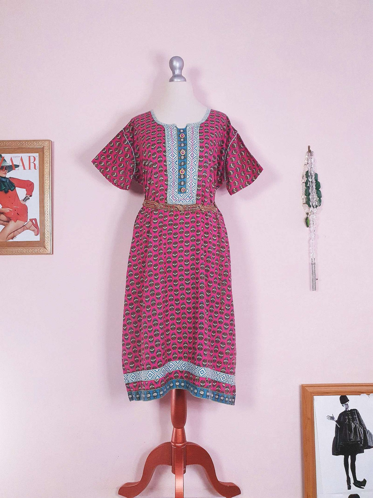 Vintage 1970s Pink Cotton Boho Kaftan Bohemian Caftan Retro Ladies