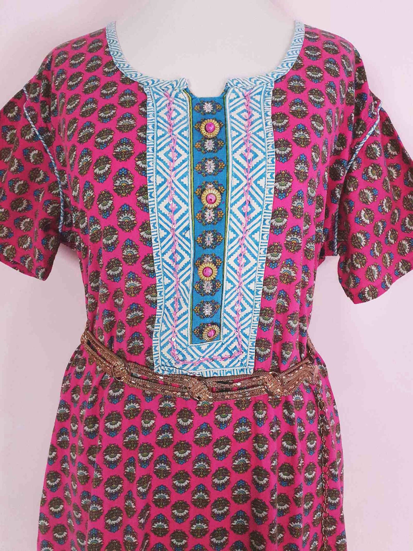 Vintage 1970s Pink Cotton Boho Kaftan Bohemian Caftan Retro Ladies