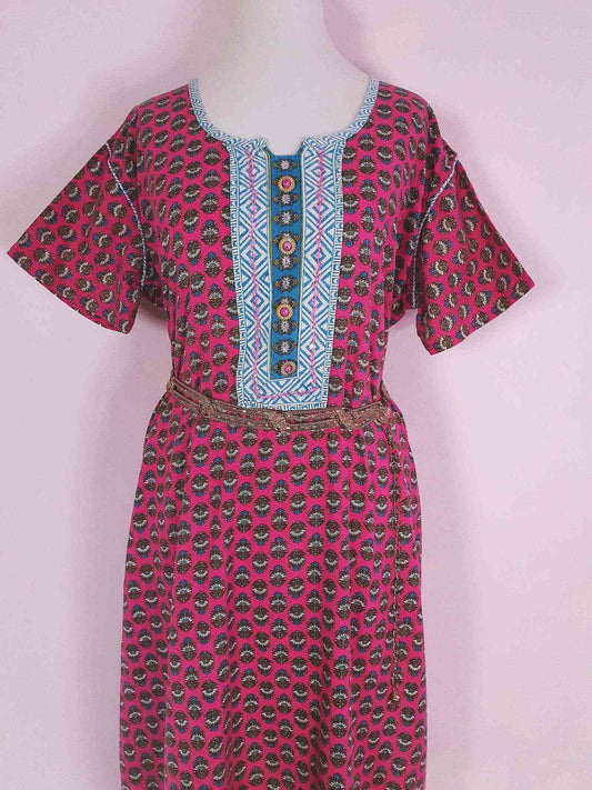 Vintage 1970s Pink Cotton Boho Kaftan Bohemian Caftan Retro Ladies