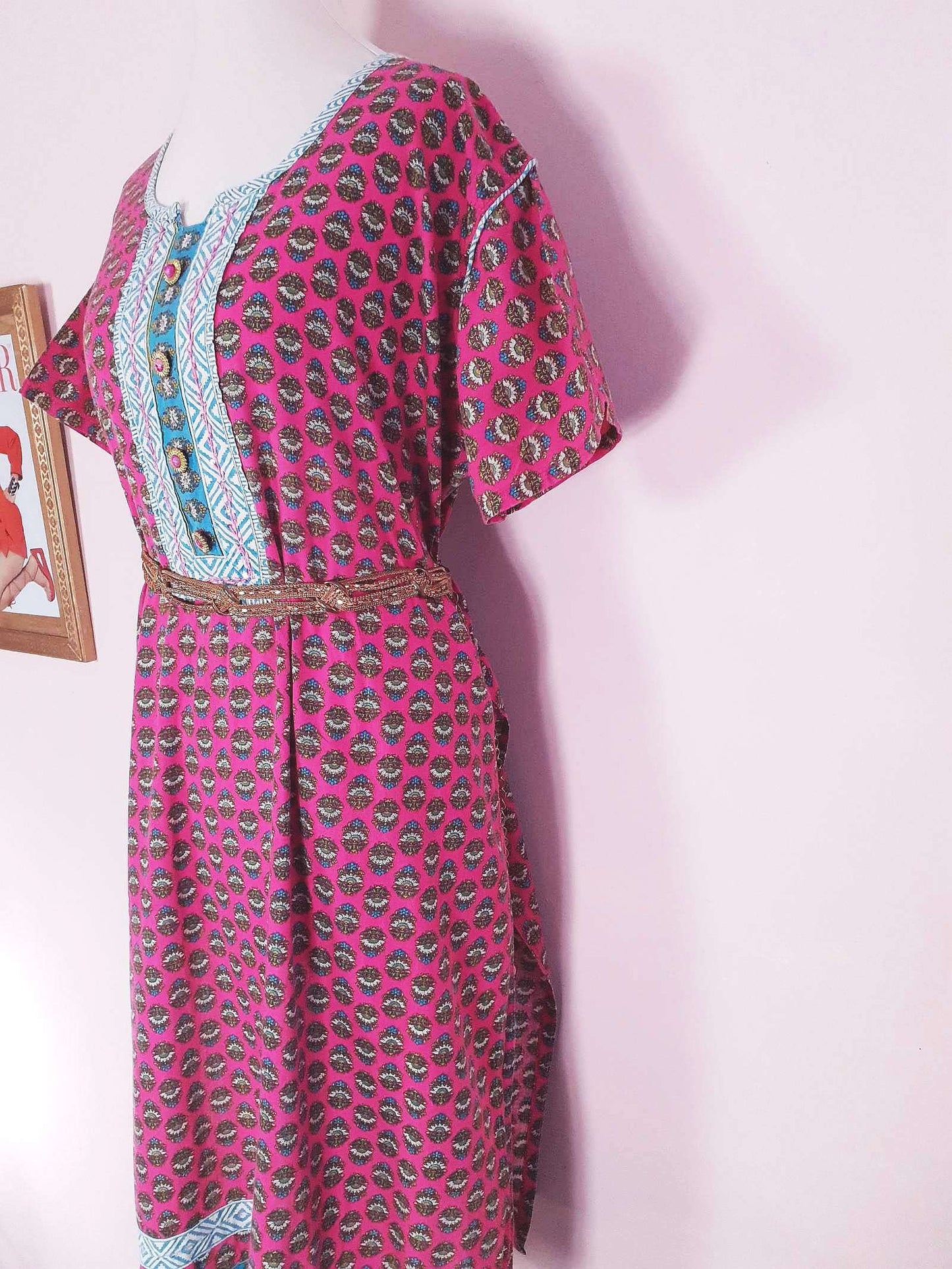 Vintage 1970s Pink Cotton Boho Kaftan Bohemian Caftan Retro Ladies