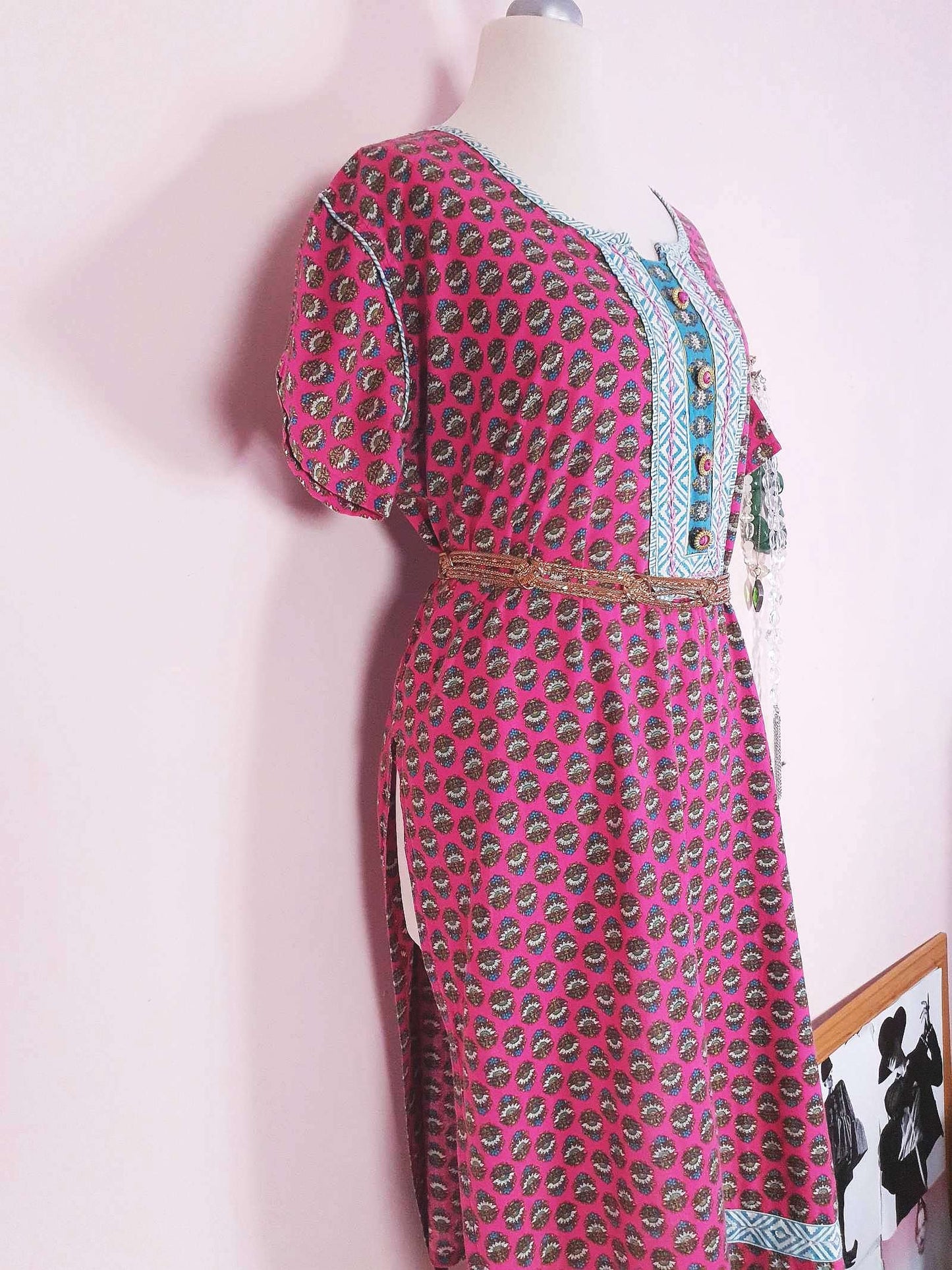 Vintage 1970s Pink Cotton Boho Kaftan Bohemian Caftan Retro Ladies