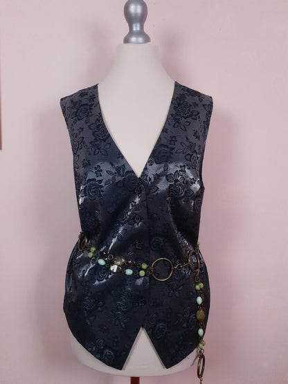 Vintage Black & Silver Rose Waistcoat Vest 1980s Oversize