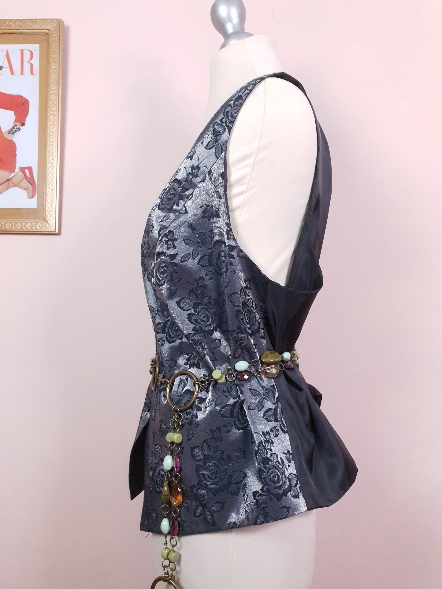 Vintage Black & Silver Rose Waistcoat Vest 1980s Oversize