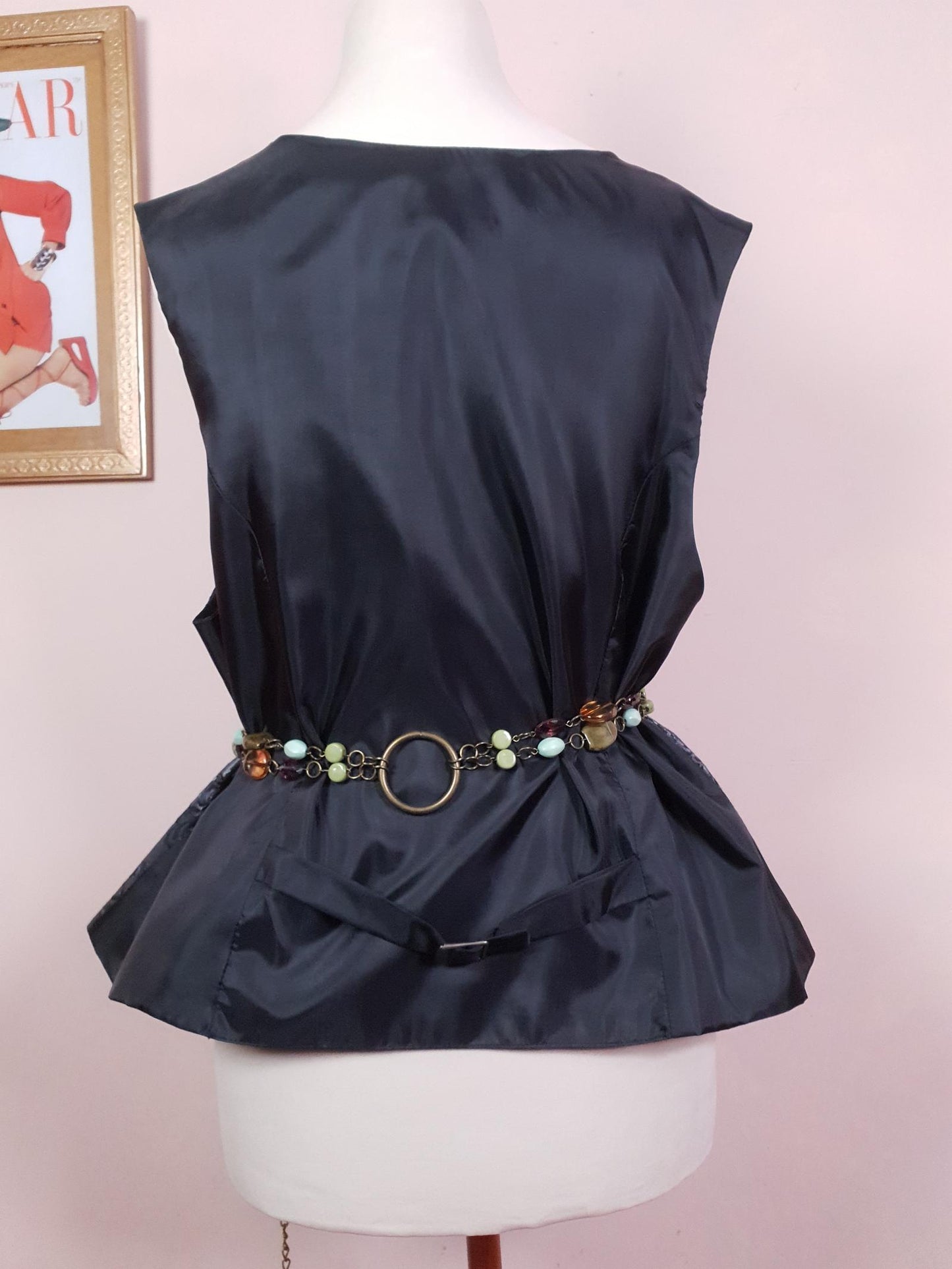 Vintage Black & Silver Rose Ladies Waistcoat Vest Satin 1980s Oversize