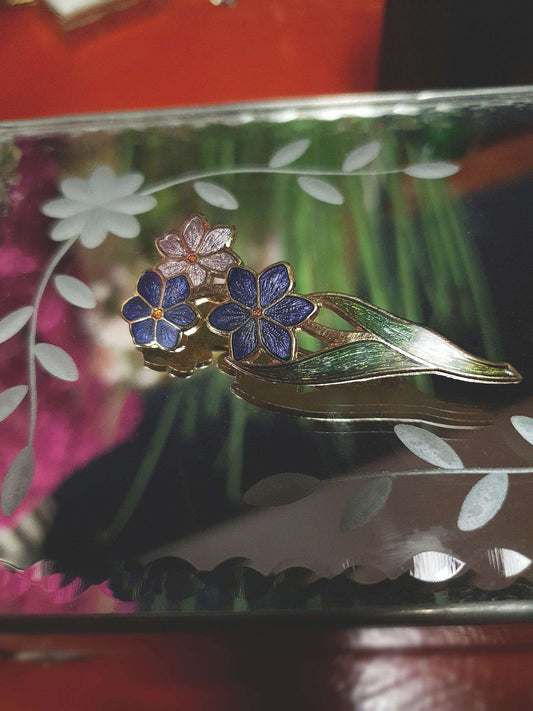 Vintage 1980s Floral Cloisonne Brooch Flower Gold Tone