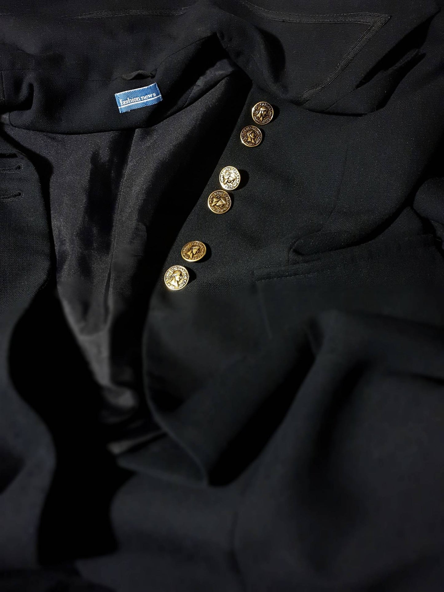 Vintage 1980s Black Jacket 3/4 Length Longline Blazer Coin Buttons Retro
