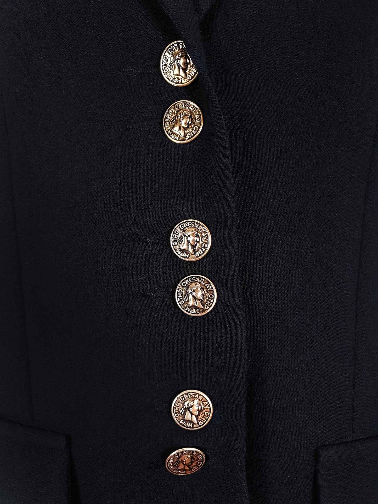 Vintage 1980s Black Jacket 3/4 Length Longline Blazer Coin Buttons Retro