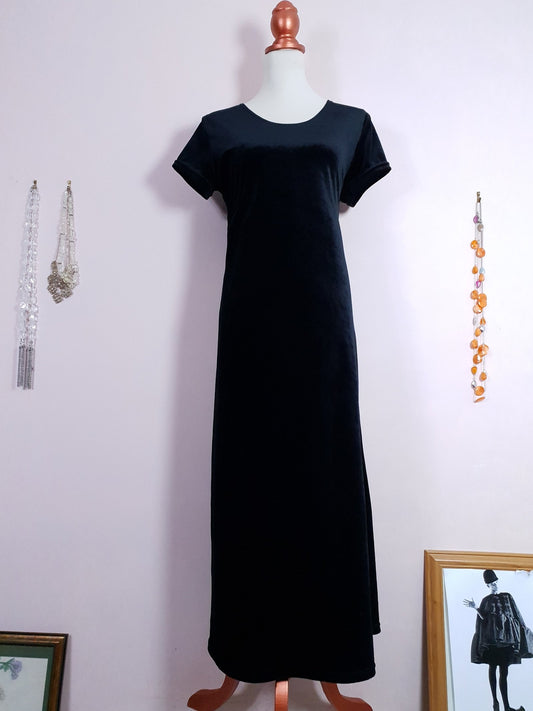 Black Velvet Vintage 1980s Maxi Dress - Size 16