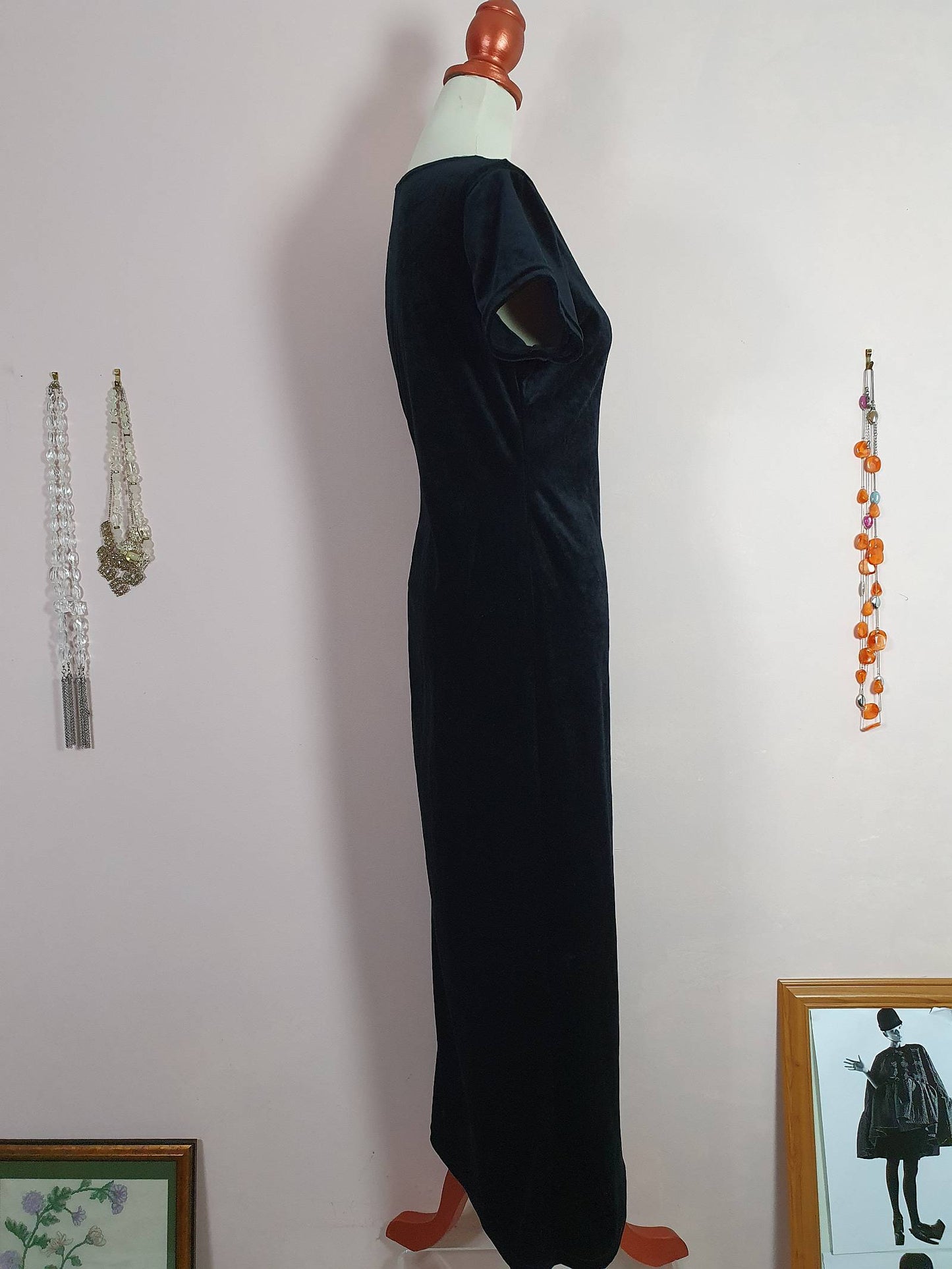 Black Velvet Vintage 1980s Maxi Dress - Size 16