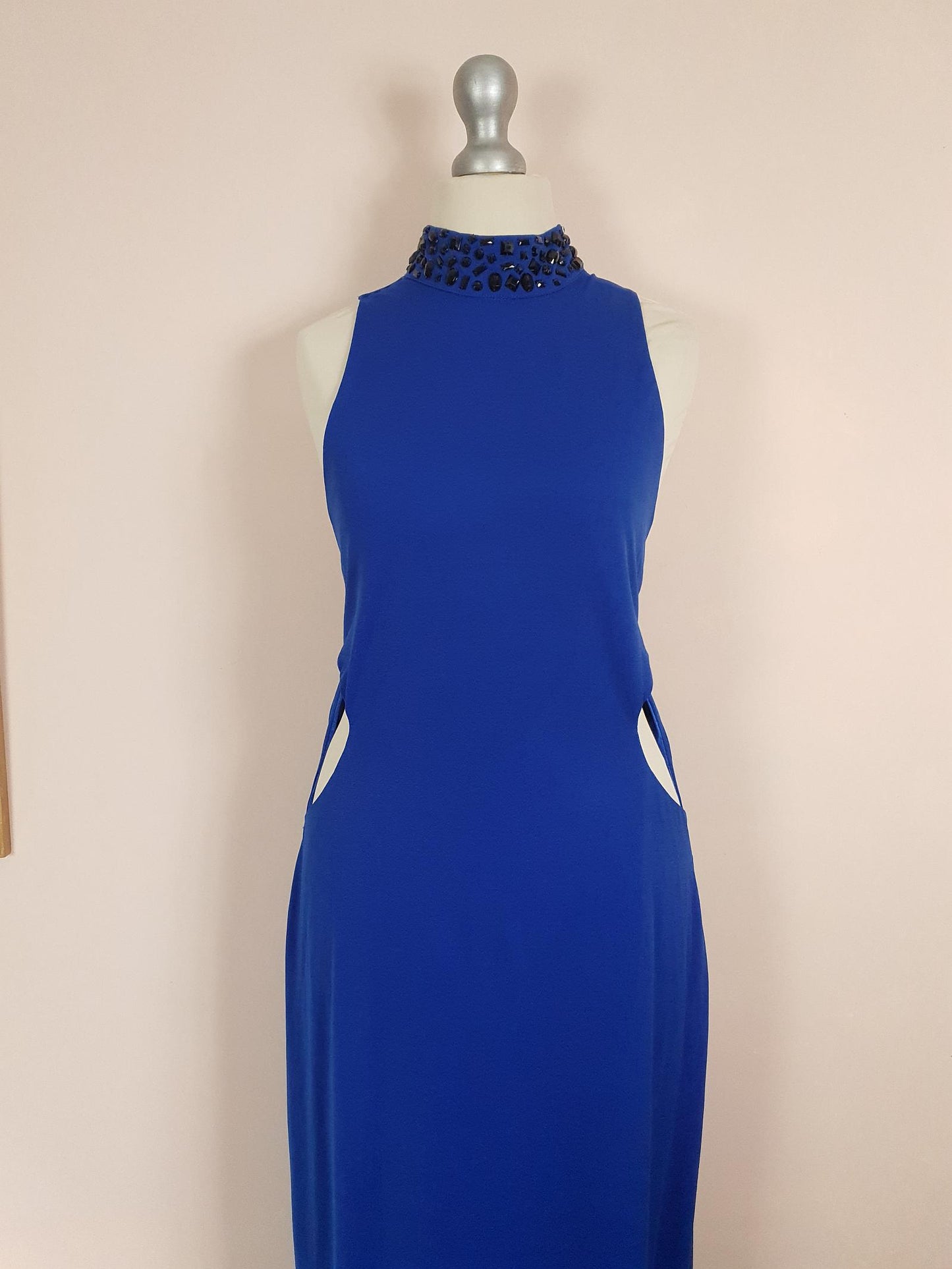 Vintage 1980s Blue Cocktail Dress Beaded Evening Gown Size 12/14 Party Maxi