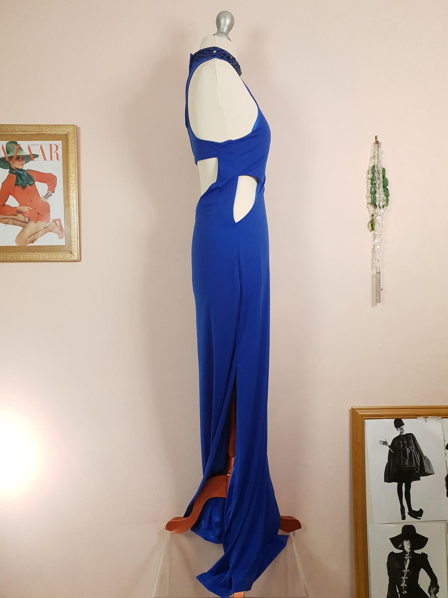 Vintage 1980s Blue Cocktail Dress Beaded Evening Gown Size 12/14 Party Maxi