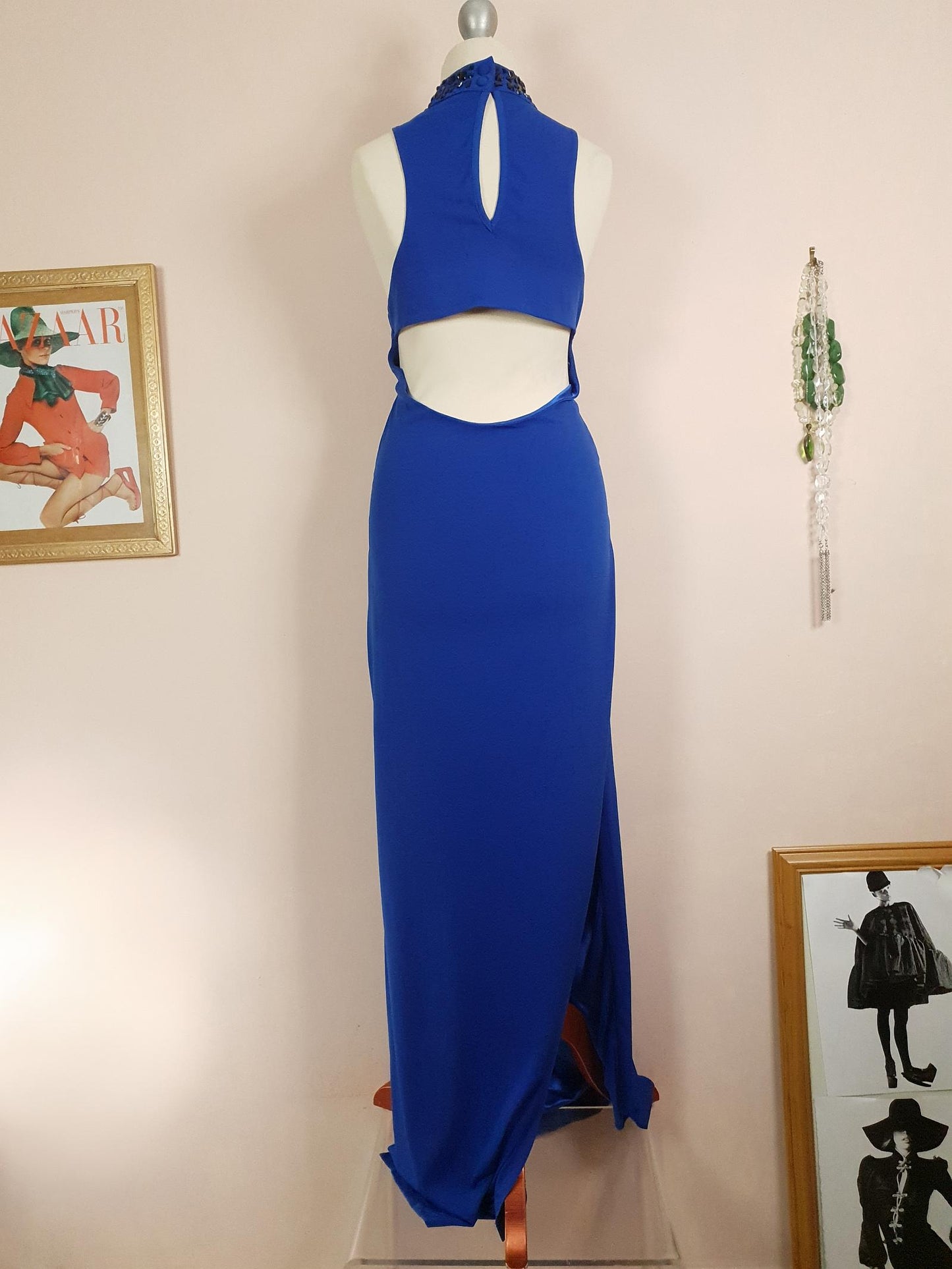 Vintage 1980s Blue Cocktail Dress Beaded Evening Gown Size 12/14 Party Maxi