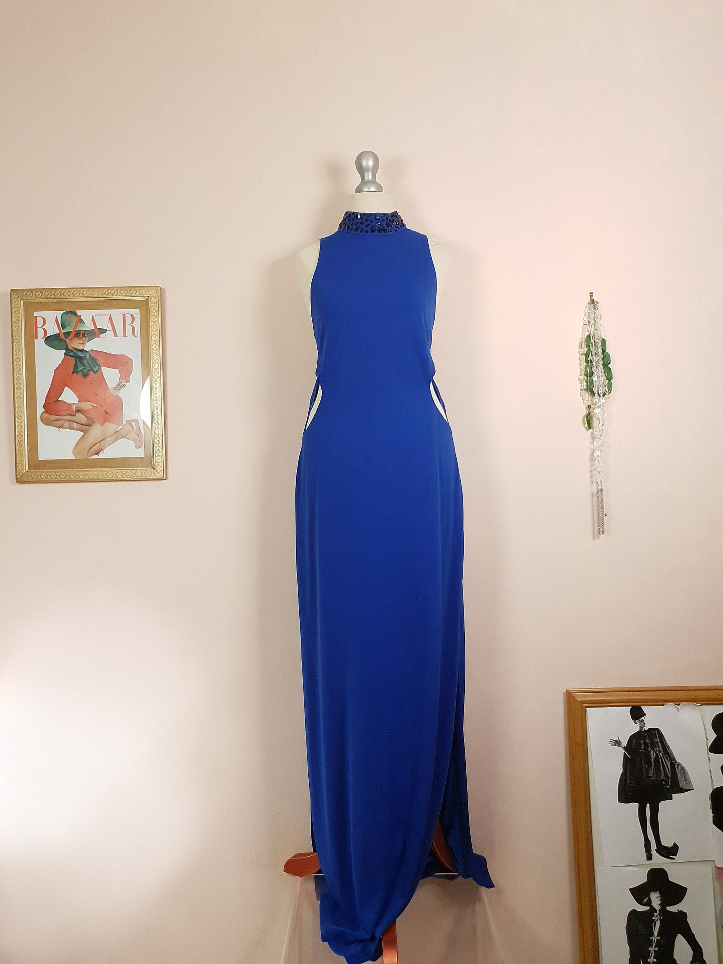 Vintage 1980s Blue Cocktail Dress Beaded Evening Gown Size 12/14 Party Maxi