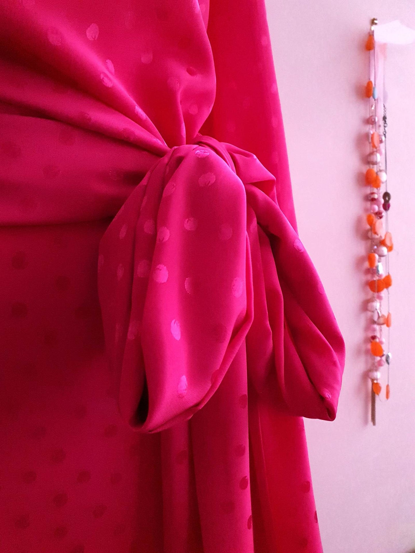 Vintage 1980s Pink Bow Dress Cerise Size 14 Polka Dots