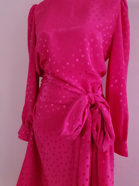 Vintage 1980s Pink Bow Dress Cerise Size 14 Polka Dots