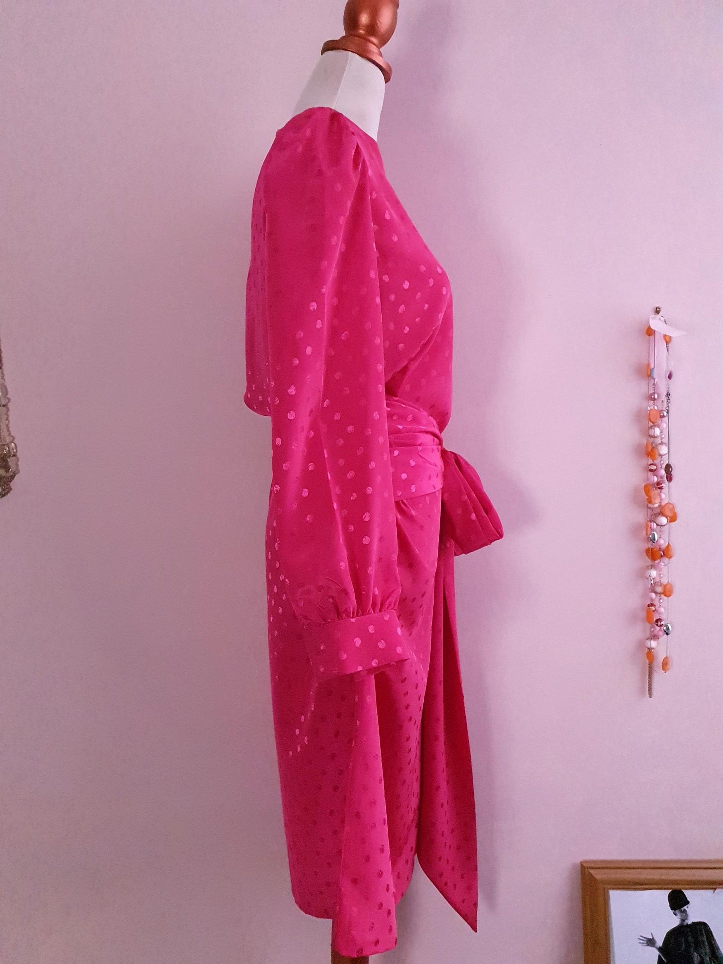 Vintage 1980s Pink Bow Dress Cerise Size 14 Polka Dots